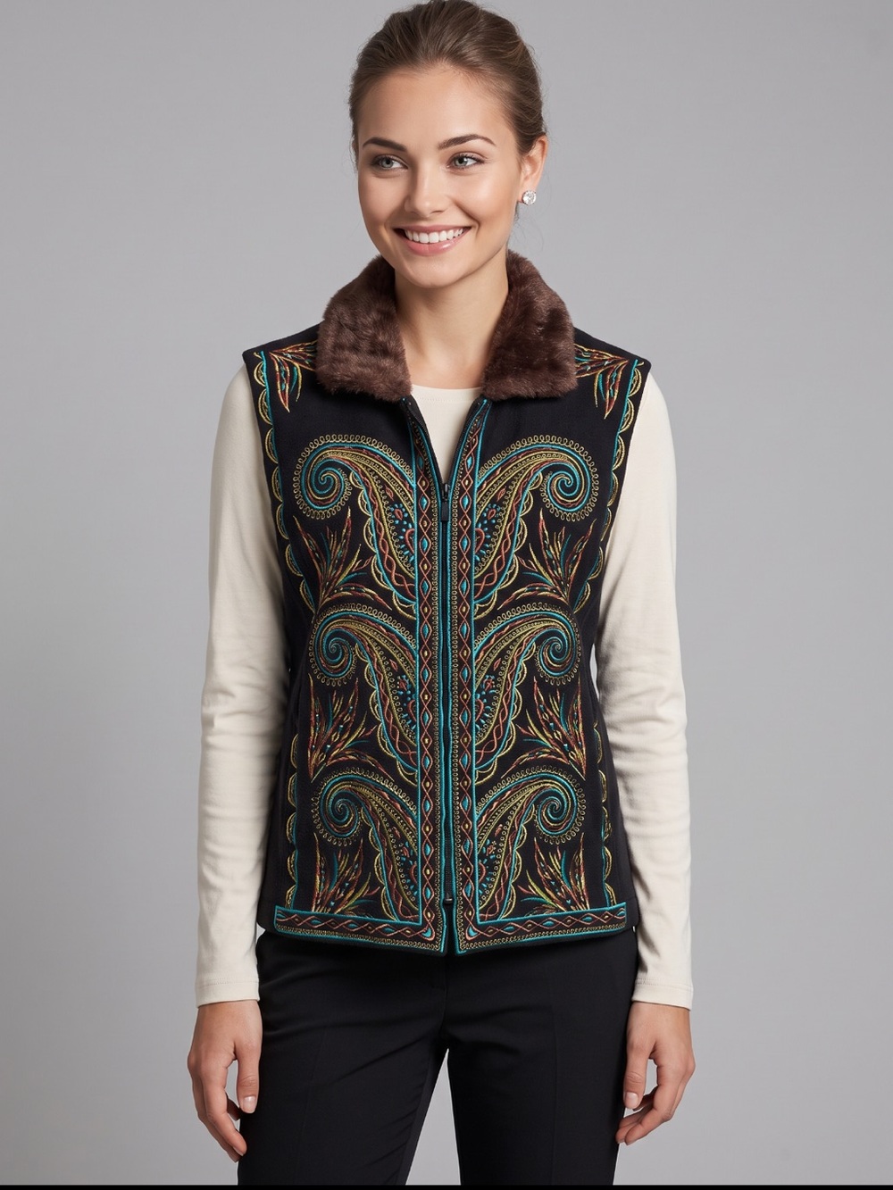 🌻BOB MACKIE!! Vintage Bohemian Embroidered Vest Faux Fur Collar Size Large